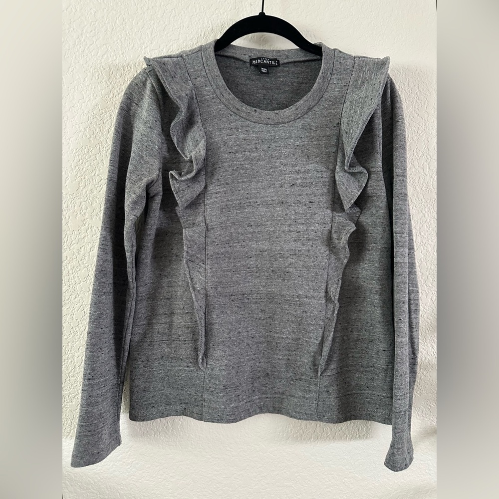 J Crew Mercantile Gray Ruffle Trim Sweater Sweatshirt Top Women's Size XXS